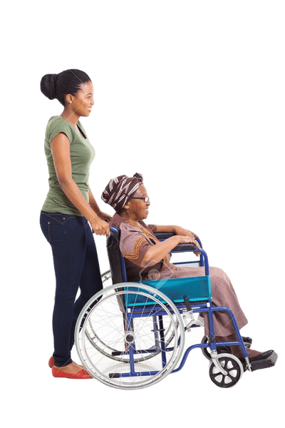 Girl pushing a woman on a wheelchair